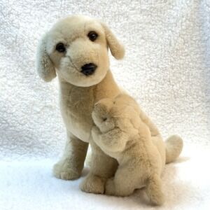 Vintage Fiesta Plush Golden Labrador &‎ Puppy Hugging Stuffed Dog Set 11" EUC